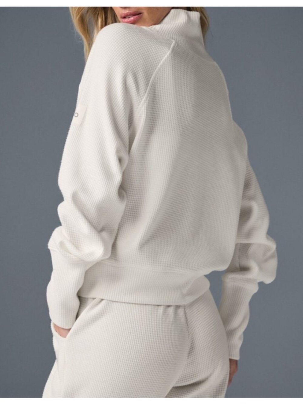 Alo Weekend Escape Mock Neck Long Sleeve Ivory Waffle Thermal Turtleneck Sweater - Picture 2 of 16